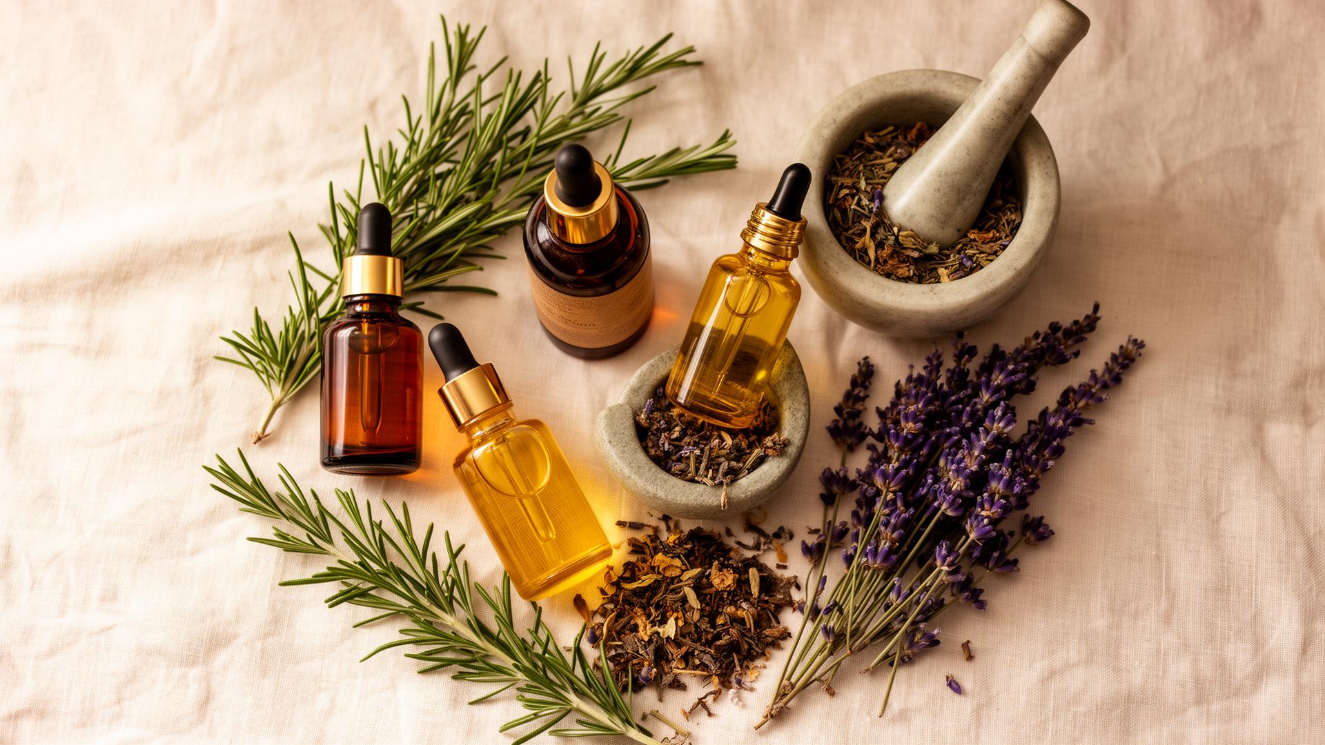 Handmade holistic hair care: dropper bottles, herbs and botanicals